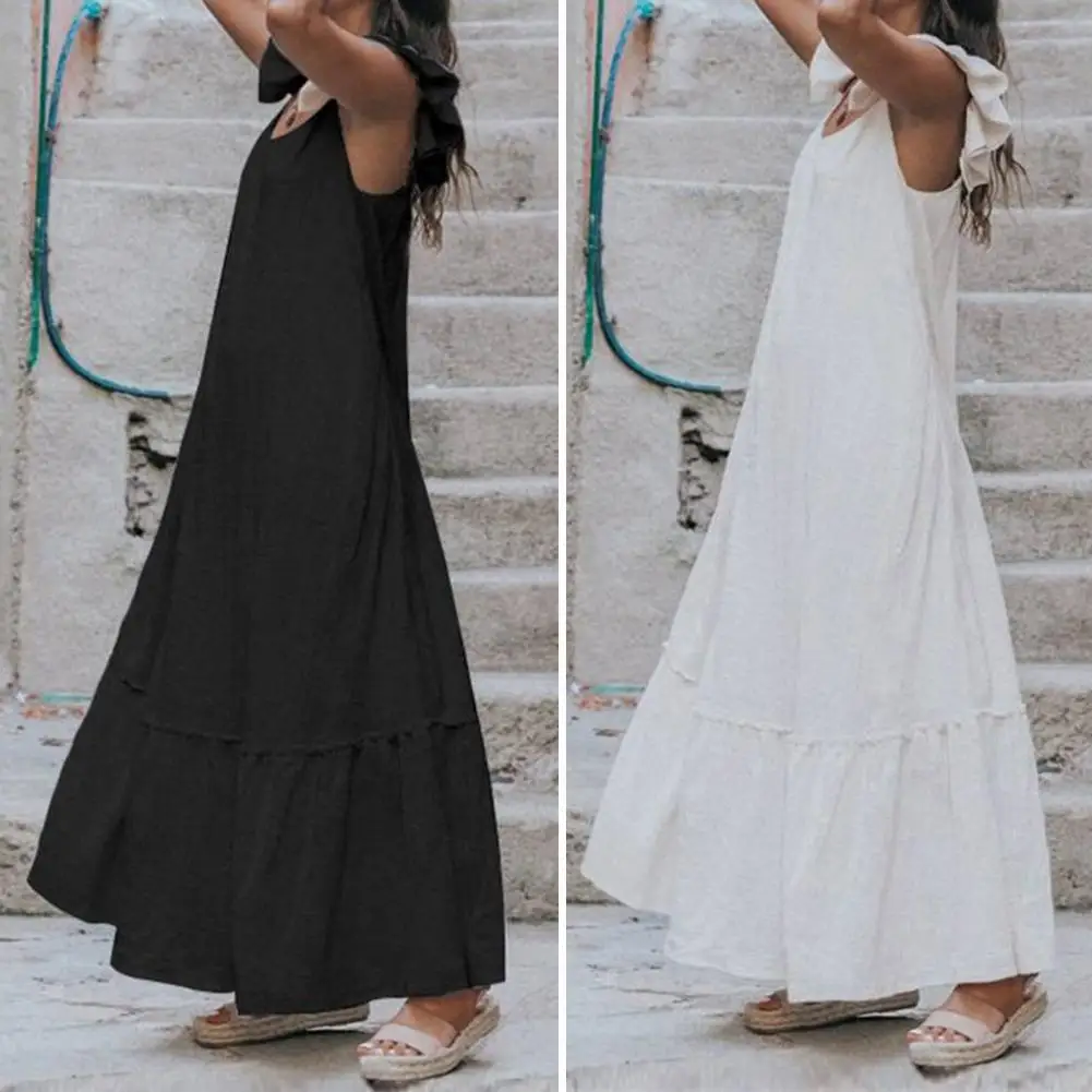 

Women Dress Solid Color Maxi Dress Elegant Ruffle Patchwork Maxi Dress for Women V Neck A-line Beach with Flying Sleeves Big Hem