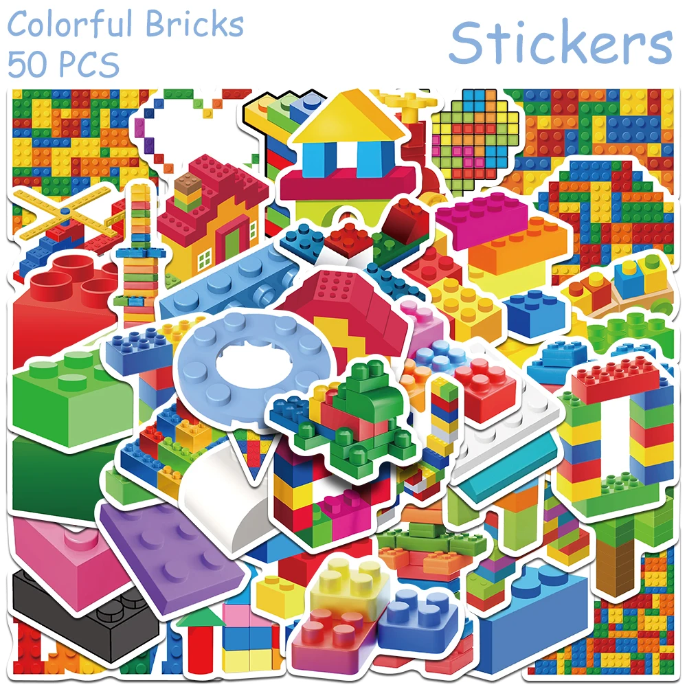 

50pcs Colorful Bricks Stickers Decals For Phone Suitcase Skateboard Notebook Helmet DIY Aesthetic Waterproof Stickers Kids Gifts