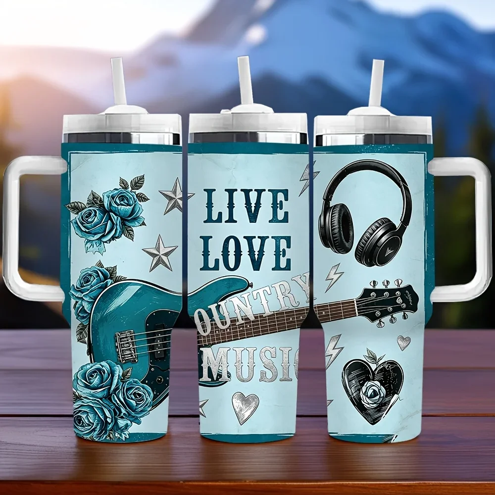 40oz Insulated Tumbler with Handle, Printed with Live Love Country Music Elements, Perfect Holiday Birthday Gift for Music Lovers, Long Lasting Heat Preservation, Suitable for Daily Use and Outdoor Scenes