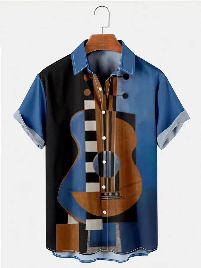 الرجال بسيط الرجعية الموسيقى الغيتار النجوم والمشارب ثلاثية الأبعاد قميص مطبوع قصيرة الأكمام التلبيب ضوء وتنفس الأعمال عادية جزء
