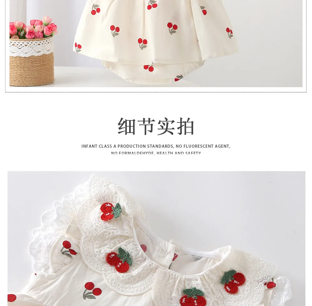 Summer newborn baby girls clothes lace cherry jumpsuit sets for infant girls cloth baby 1st birthday princess rompers coats sets
