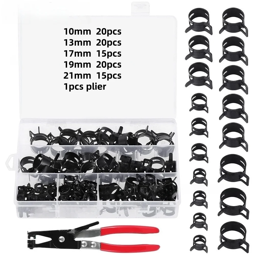 90Pcs+1 Plier/Set 10/13/17/19/21Mm Q673B Vacuum Spring Fuel Clip Oil Water Hose Pipe Tube Clamp Black Assortment Kit