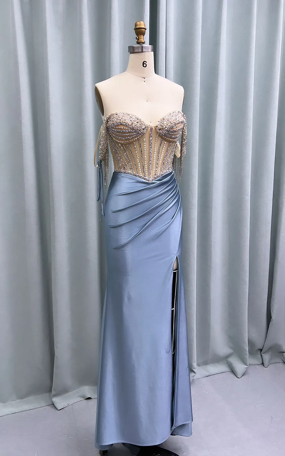 YQLNNE Dusty Blue Long Prom Dresses High Slit Off Shoulder Crystals Beaded Satin Dress Mermaid