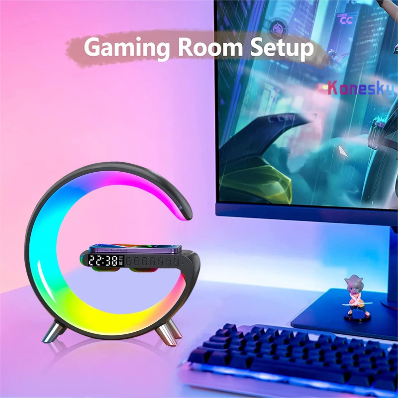 التطبيق الذكي LED RGB ليلة ضوء جو مكتب مصباح المنبه الرقمية المتكلم شاحن لاسلكي آيفون سامسونج غرفة ديكور