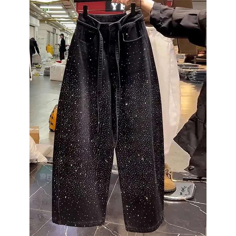 American Retro Starry Hot Diamond Splicing Jeans For Women Autumn Winter Fashion Loose BF Style Long Wide-leg Denim Pants