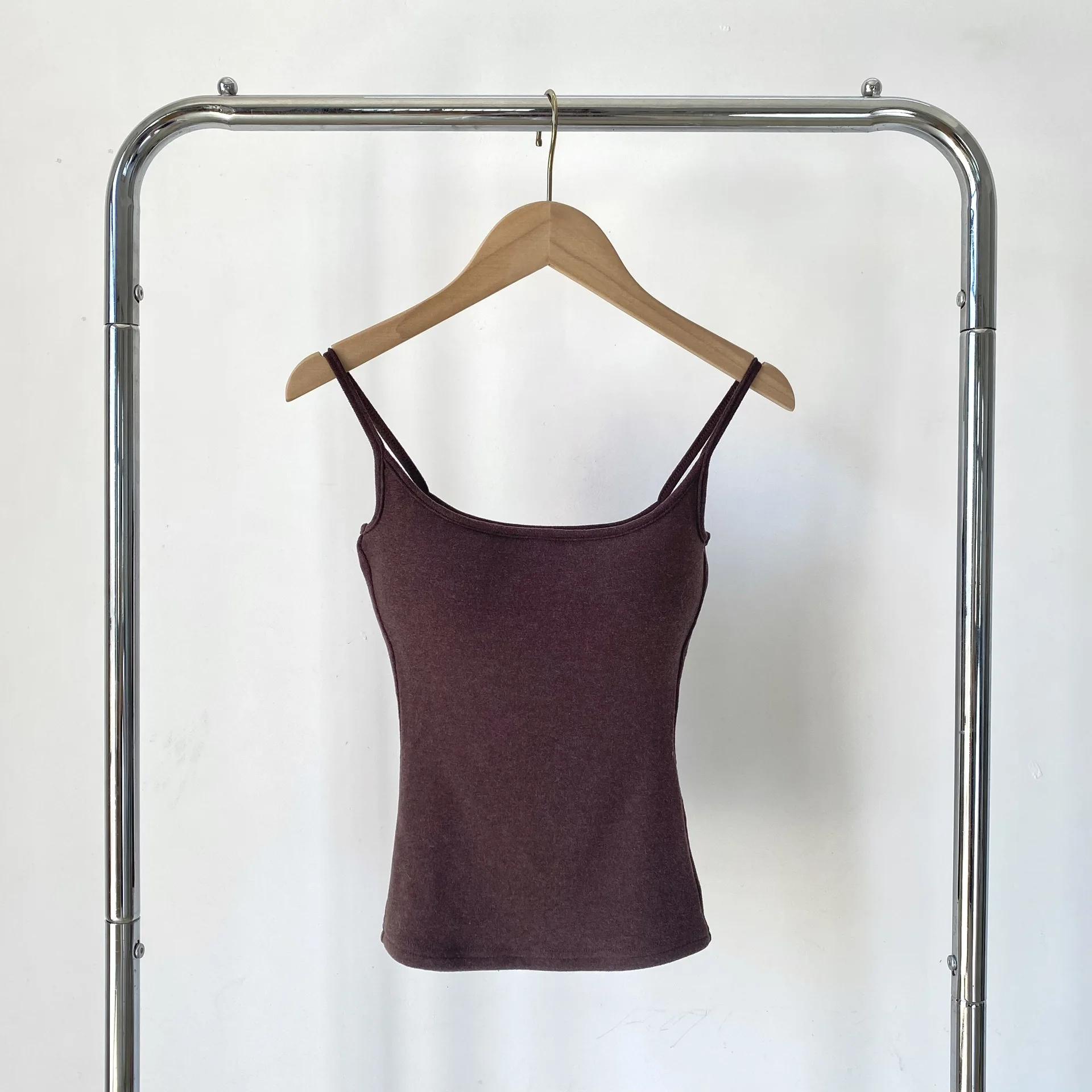 따뜻한 안감 탈부착 가능한 가슴 패드 스트랩 조끼 단색 가을 겨울 보온 베이스 레이어 탑 여성 패션 U넥...