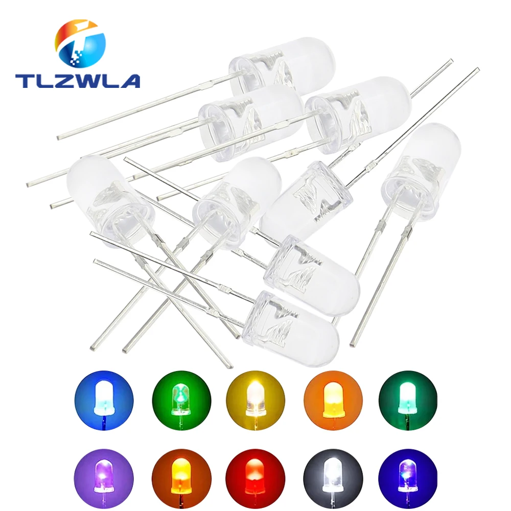 100PCS Transparent Round 5MM Super Bright Water Clear Green Red white Yellow Blue Light LED Bulbs Emitting Diode F5