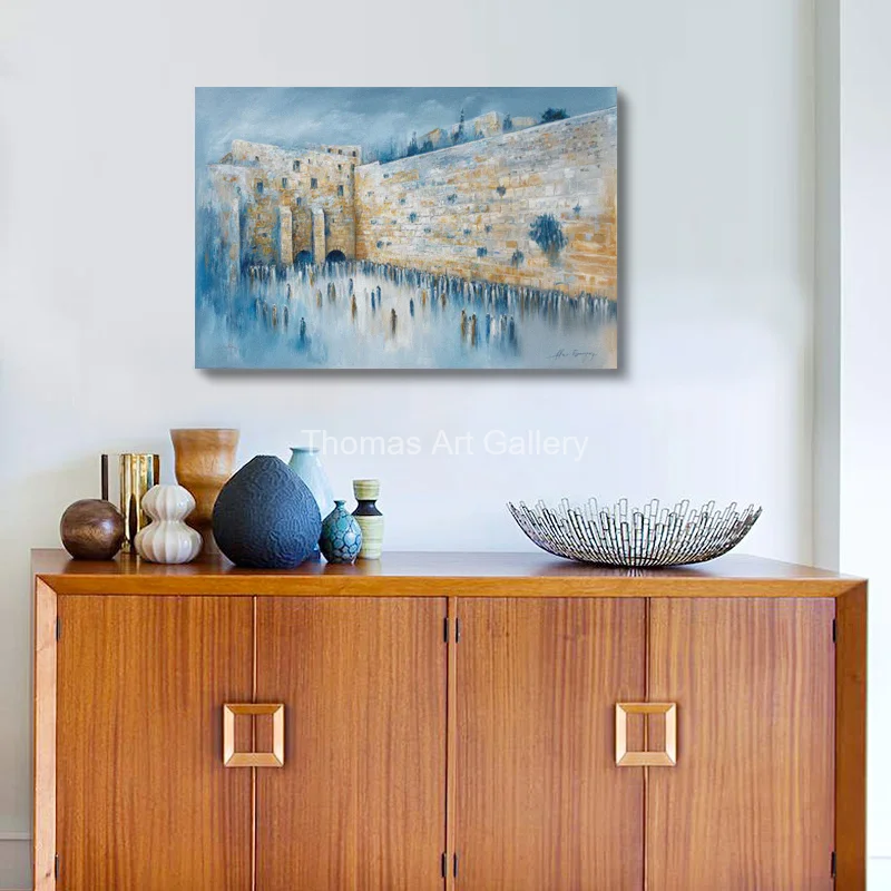 Oversized Panoramic Jerusalem Kotel Art Canvas Prints HD Ice Blue Gold Plaza Scene Modern Decor for Contemporary Living Room