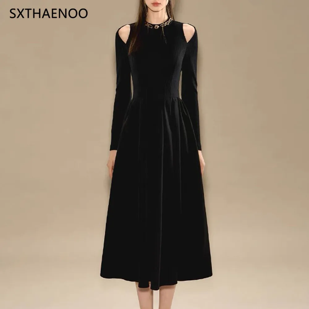 SXTHAENOO Women Winter Long Sleeve Dress Round Neck Temperament Black Knit Dress Neck Bare shoulder Design Female Dress