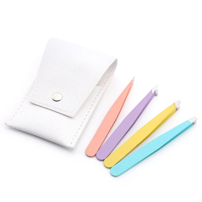 4Pcs High-Quality Eyebrow Tweezer Colorful Hair Beauty Fine Hairs Puller Stainless Steel Slanted Brow Clips Removal Makeup Tools