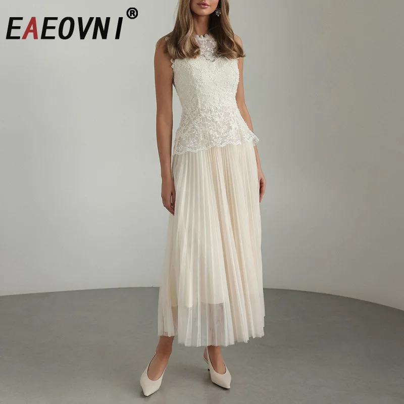 

EAEOVNI, кружевное длинное платье с вышивкой, женское модное сетчатое лоскутное платье без рукавов, элегантное платье трапециевидной формы, новинка 2025, одежда
