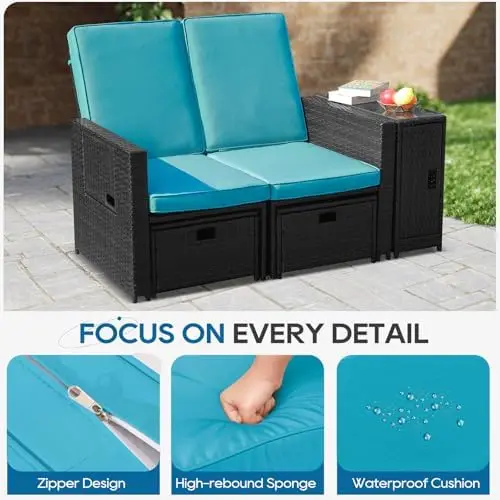 Chaise longue da esterno in vimini da 5 pezzi con ottomano e tavolino da caffè, rattan nero, cuscino turchese