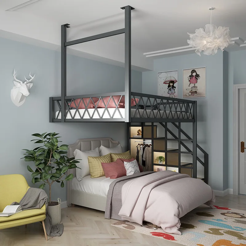 Wrought iron small apartment loft bed loft apartment hammock space-saving elevated bed multifunctional split-level half-height i