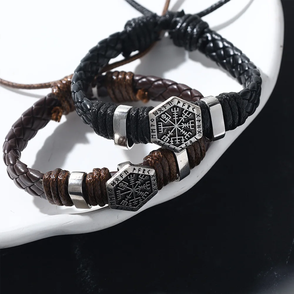 Vintage Handmade Woven Leather Men’s Bracelets Retro Ethnic Metal Scripture Leather Bracelets Accessories Gifts For Friend