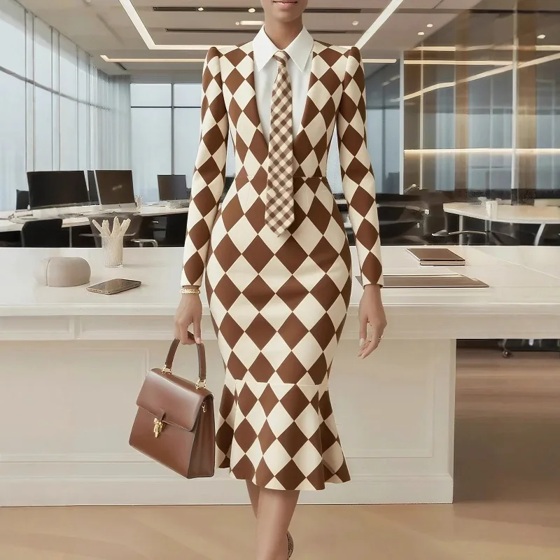 

Women's Autumn Spring Long Dress Lapel Collar Long Sleeves Fitted Waist Elegant Chic Printed New Arrival Minimalist Comfortable