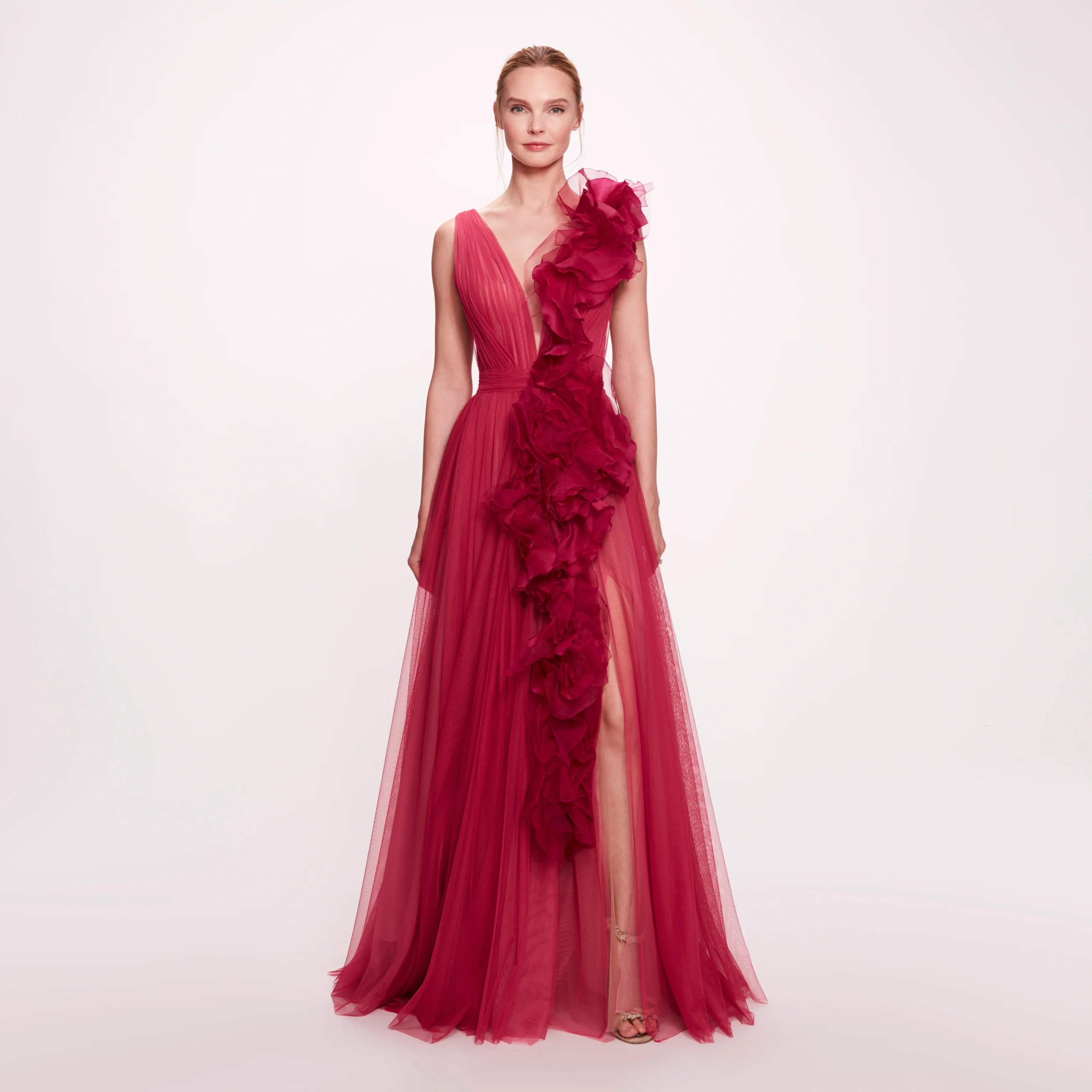 Elegant Dark Red Soft Tulle Long Prom Party Dresses with Handmade Ruffled 3D Floral V Neck High Slit Sleeveless Evening Gowns