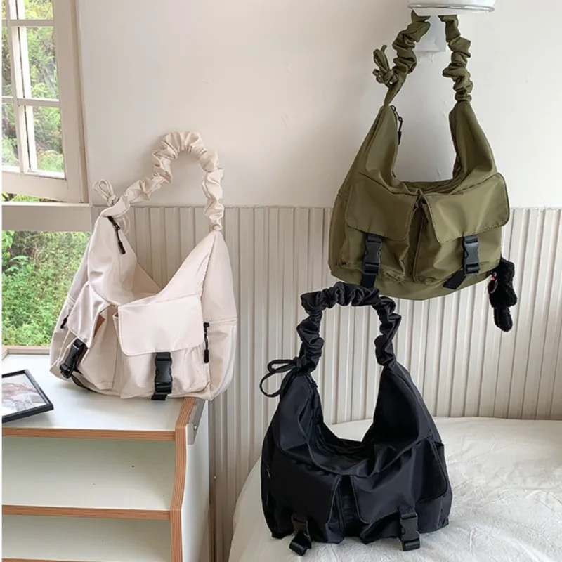 Casual Nylon Shoulder Bags Women Fashion Korean Drawstring Pleated Handbag Trendy Cloud Bag 2024 New Simple Large Capacity Bags