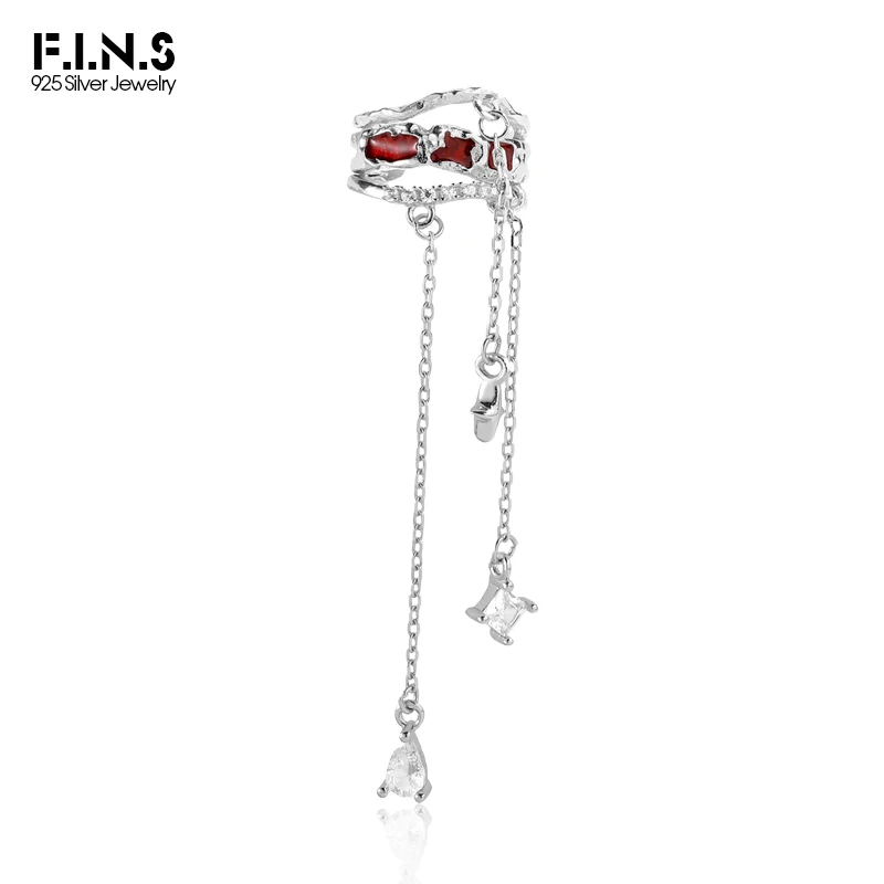 F.I.N.S-pendientes de Clip de esmalte rojo de plata de ley S925, sin agujero, cadena de borla larga Irregular, colgantes de circonita, pendiente de oreja, 1 pieza