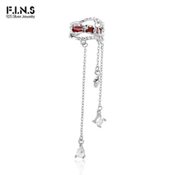 F.I.N.S 1PIECE S925 Sterling Silver Red Enamel Clip Earring For No Hole Irregular Long Tassel Chain Zirconia Pendants Earcuff