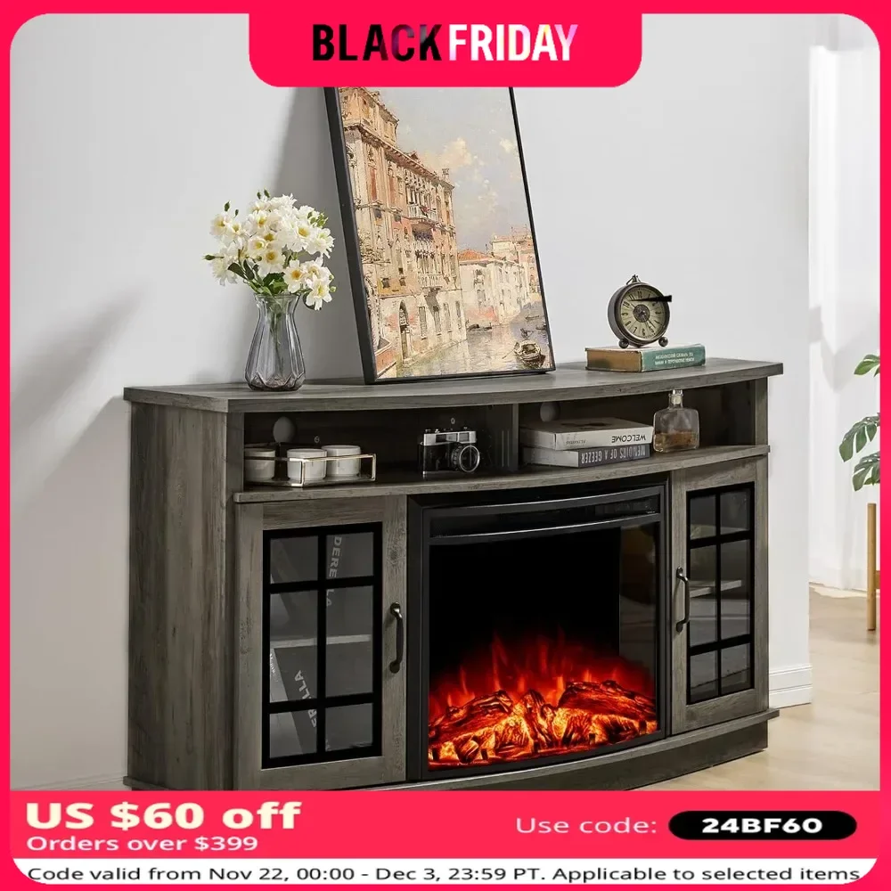 TV Stand with Open Shelves and Farmhouse Glass Door, TVs Cabinet Console for TVs up to 65 Inches, 59