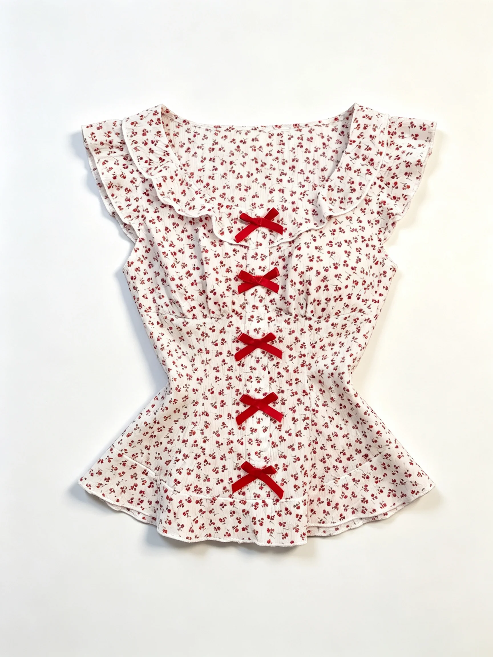 Vintage Sweetheart Printed Flowery Boatneck Blouse Summer style Butterfly Knot Fluffy Sleeves Form-fitting Sweetly Stylish Top