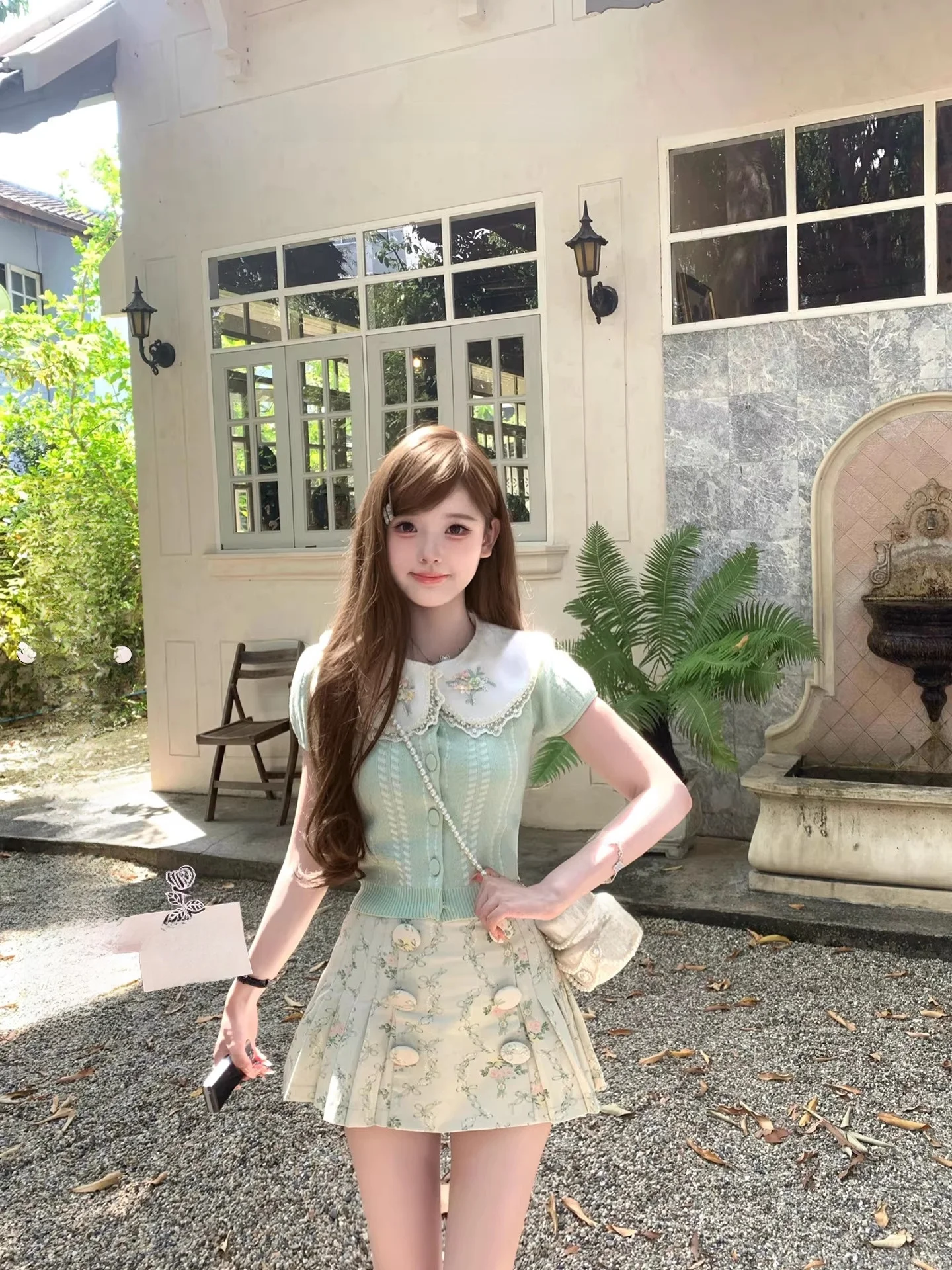 

Summer Fashion Set Green Embroidered Ice Linen Knitted Top with Double Button Short Skirt Women's Sleeveless Short Length Clo...