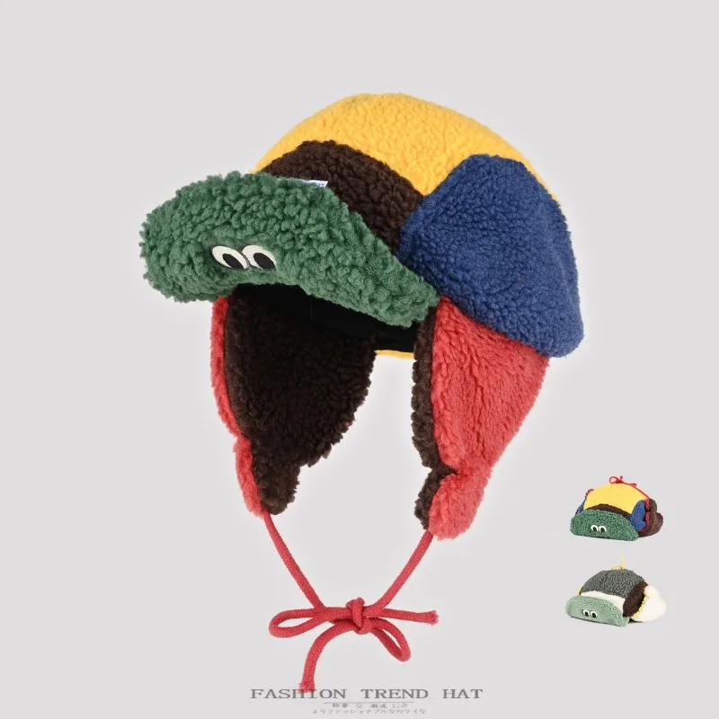 

Korean Color Matching Lamb Wool Lei Feng Hat for Men and Women in Winter Outdoor Warm Ear Protection Riding Flying Bomber Hats