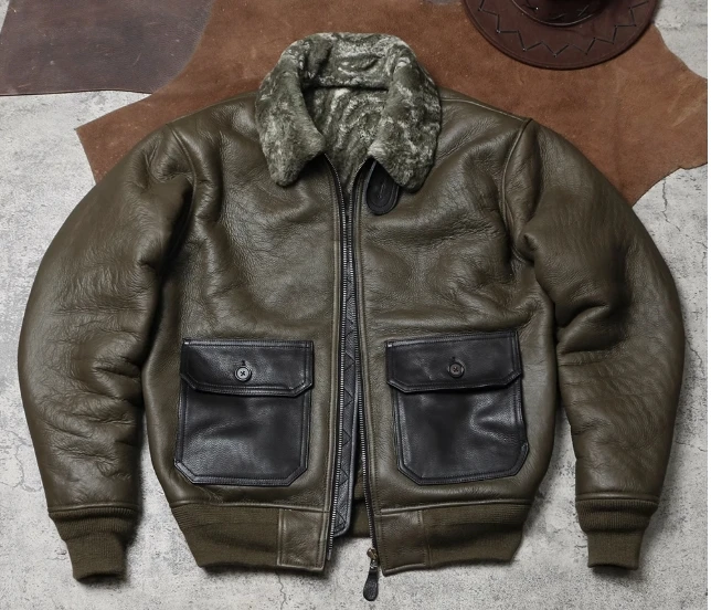 A  Plus Size Aviator Air Force Leather Jacket Original Sheepskin Fur Integrated Jacket Autumn and Winter Leather Warm Fur Jacket