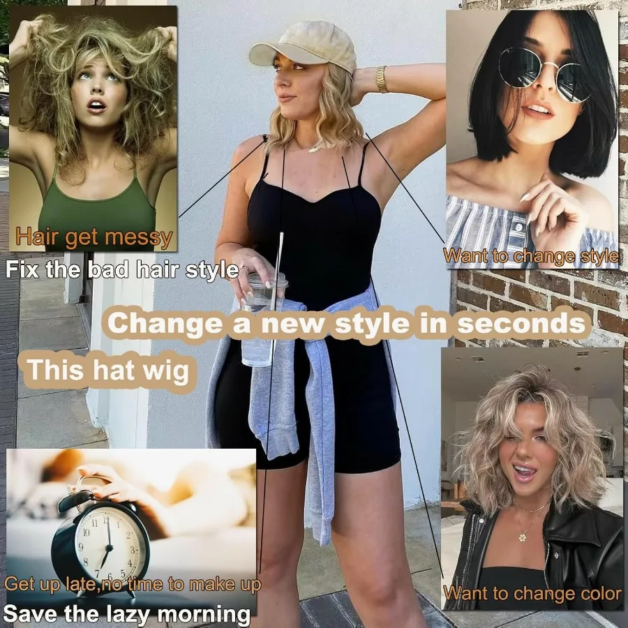 باروكة قبعة بيسبول قابلة للتعديل مع وصلات شعر مموجة طبيعية للنساء، قطعة شعر صناعية مجعدة ومموجة مثالية لـ Ev