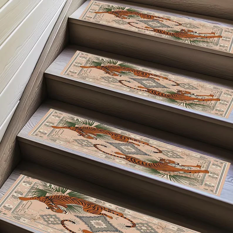 Beige Tiger Motif Stair Mats Exotic Animal Print Non-Slip Tread Non Slip Step Rugs Modern Colorful Landing Rug Housewarming Gift