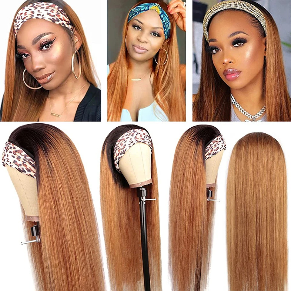 Glueless Headband Wigs Human Hair Ombre Honey Blonde Bone Straight Human Hair Wigs Brazilian Scarf Machine Made Wigs On Sale