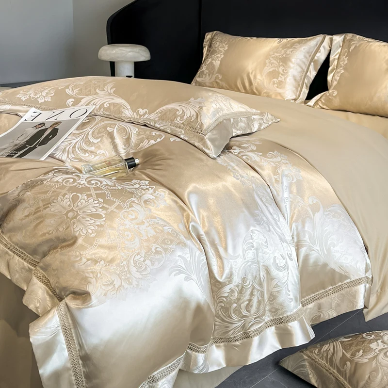 4Pcs Light Luxury Style 100% Cotton Premium Class A 120 Counts Tribute Satin Jacquard Super Soft Naked Bedding Quilt Cover Sheet