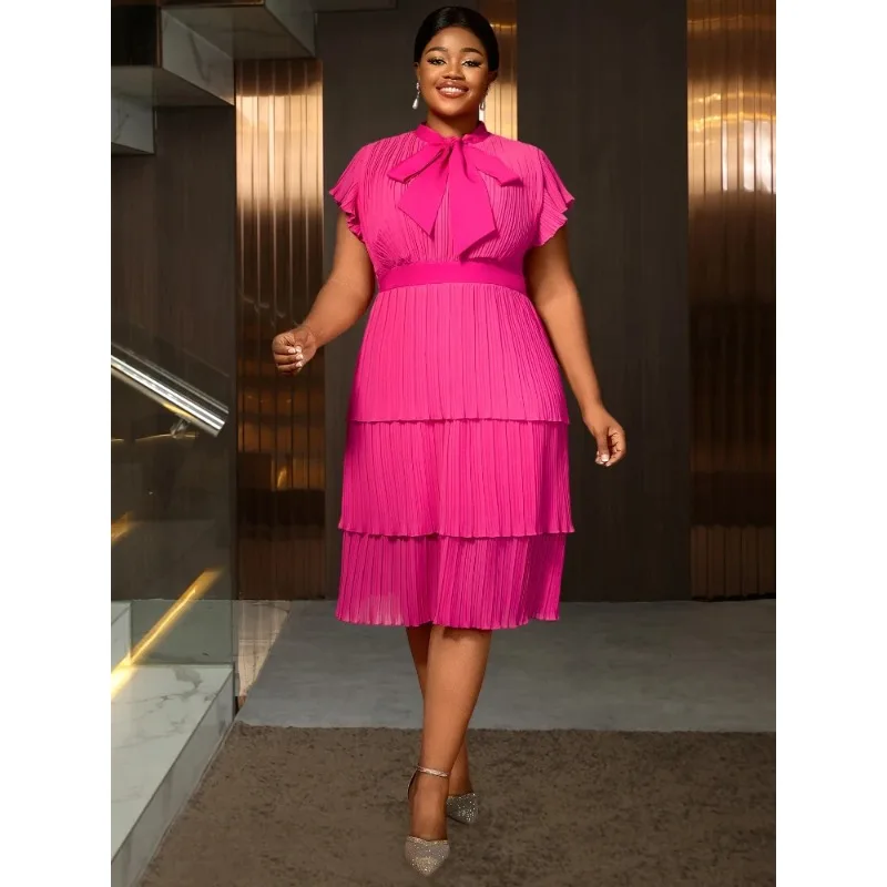 Pleated Tiered Dress with Short Sleeves and A Chic Neck Tie Bow Perfect for Office Events Dinner Dates or Semi Formal Gatherings