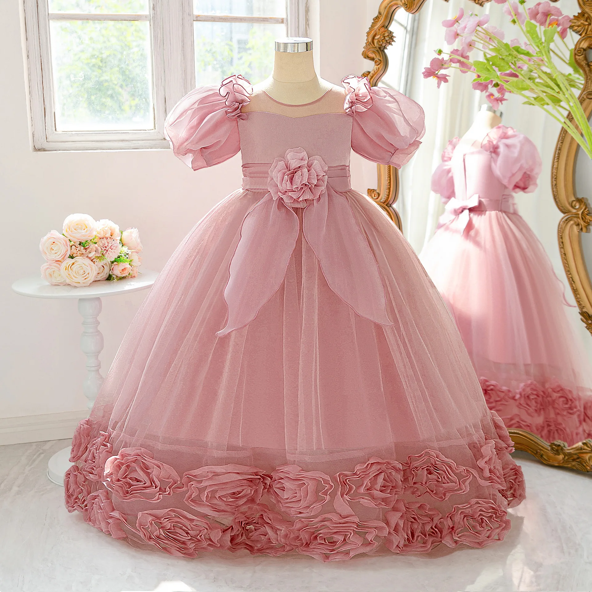 Festive Dress For Girl Flower Princess Dress Teenagers Christmas Party Birthday Stage Performance Gown Tulle Festive dress