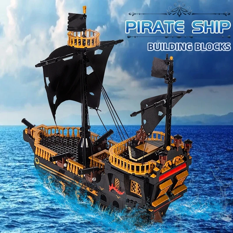 Crative Expert Gull Black Pearl Pirates Ship Building Blocks Medieval Sailboat Boat Model Bricks Toys For Kid Birthday Gift