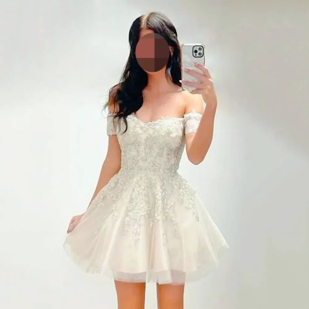 White Off-the-Shoulder A-Line Short Dress with Lace Applique for Mini Prom Dress Evening Dresses