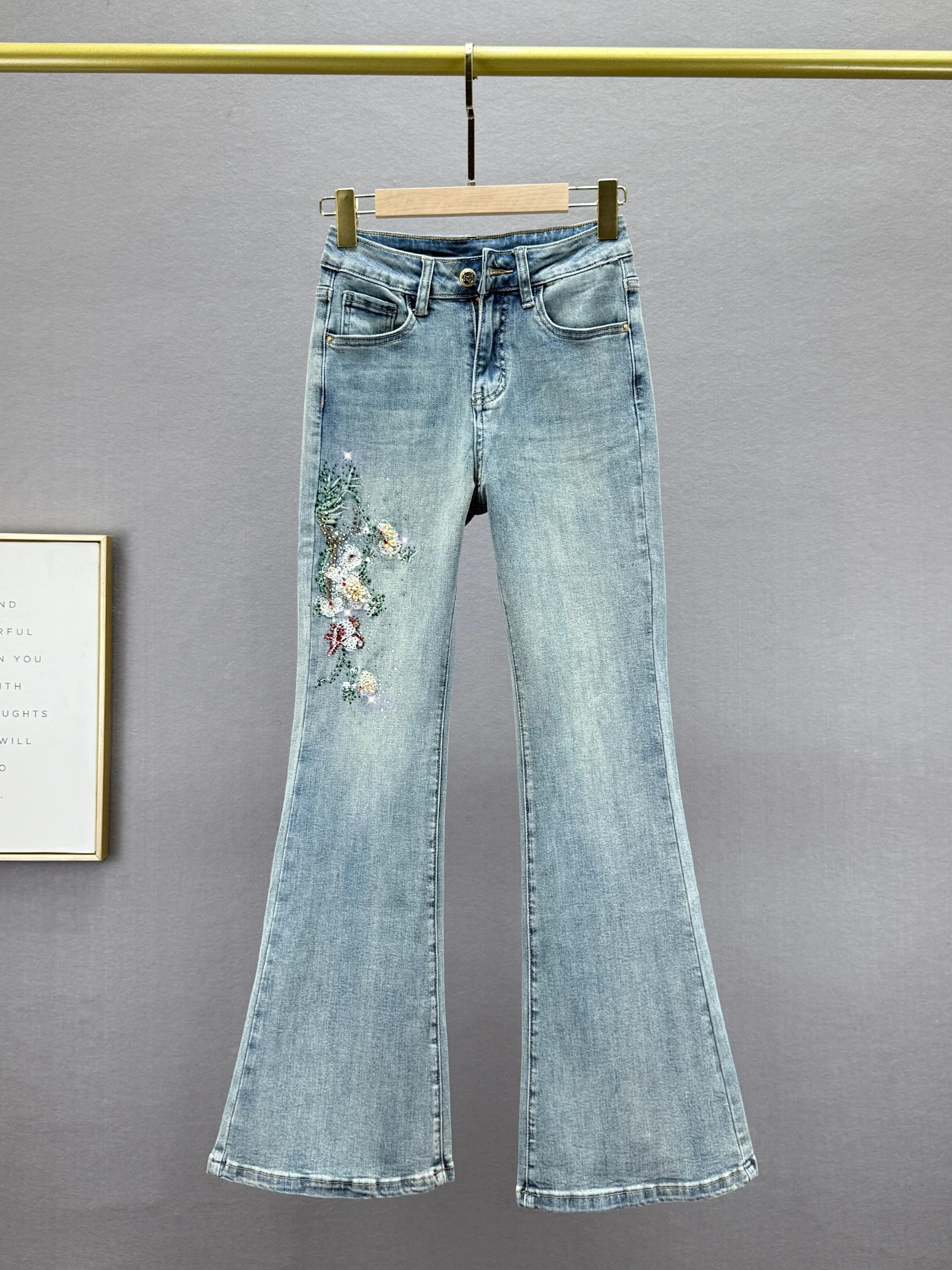 

Ретро джинсы с камнями для женщин, длинные брюки, весна-осень, новые эластичные брюки с высокой талией, утягивающие, слегка расклешенные