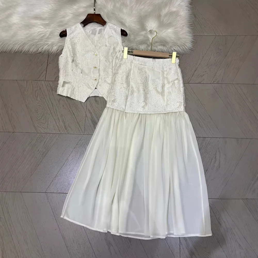 Spring Summer Women Cutout Lace Patchwork Blouse With Skirt Set