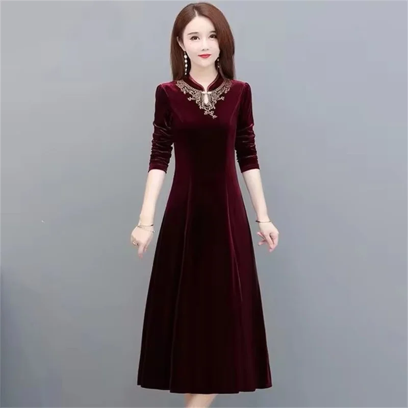 Autumn Winter New Women Velvet Dress Lady Long Sleeve Party Velour Dress Casual A-Line Elegant Vesitos Female Mid Long Dresses