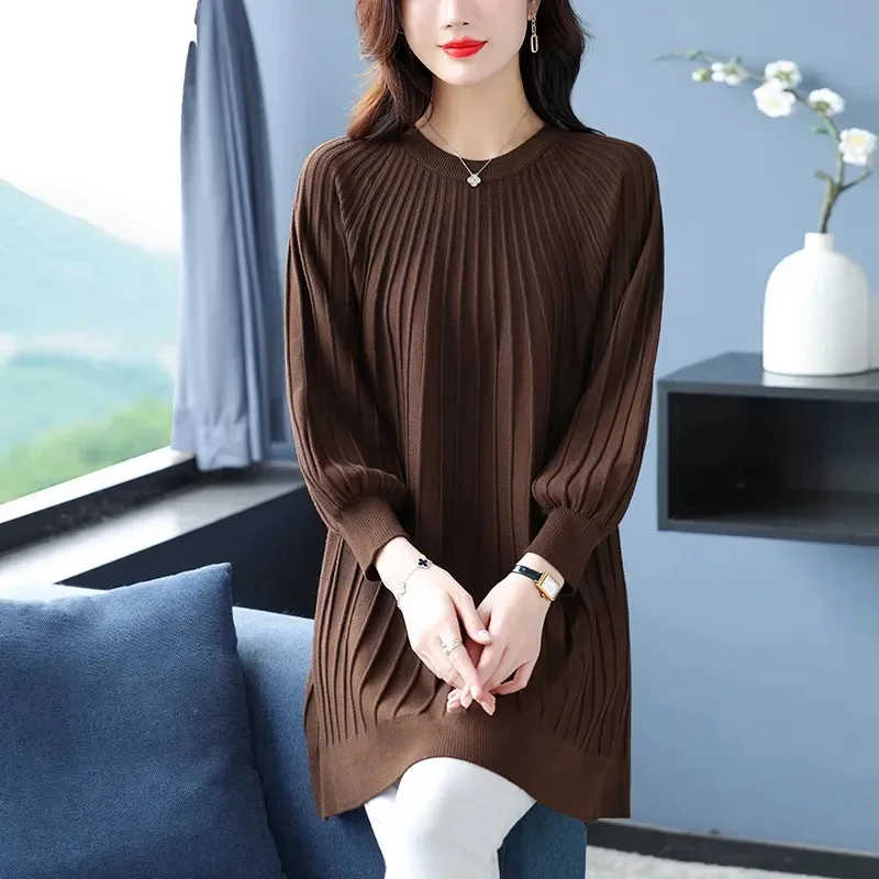 

2025 Middle Aged Mother O-Neck Sweater Dress Spring Autumn Ladies Large Size 6XL Long Sweater Femme Fashion Loose Knit Top