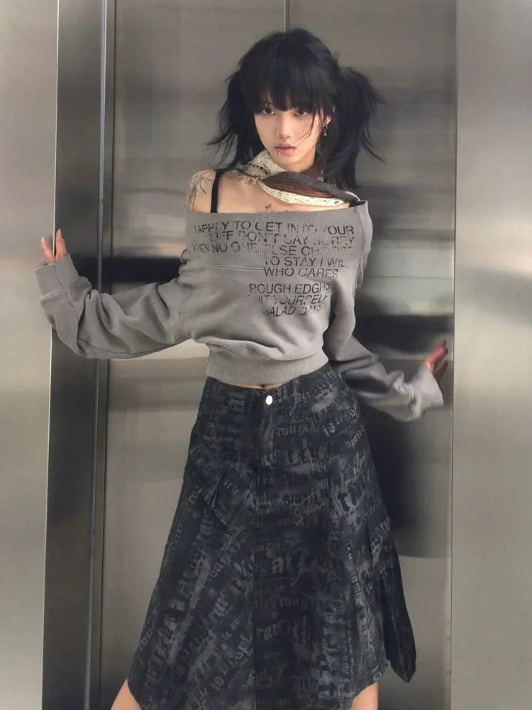 Hoddies Frauen Vintage Kleidung Brief Drucken Crop Slash Neck Harajuku Sexy Tops Streetwear Japanischen Sweatshirts Casual