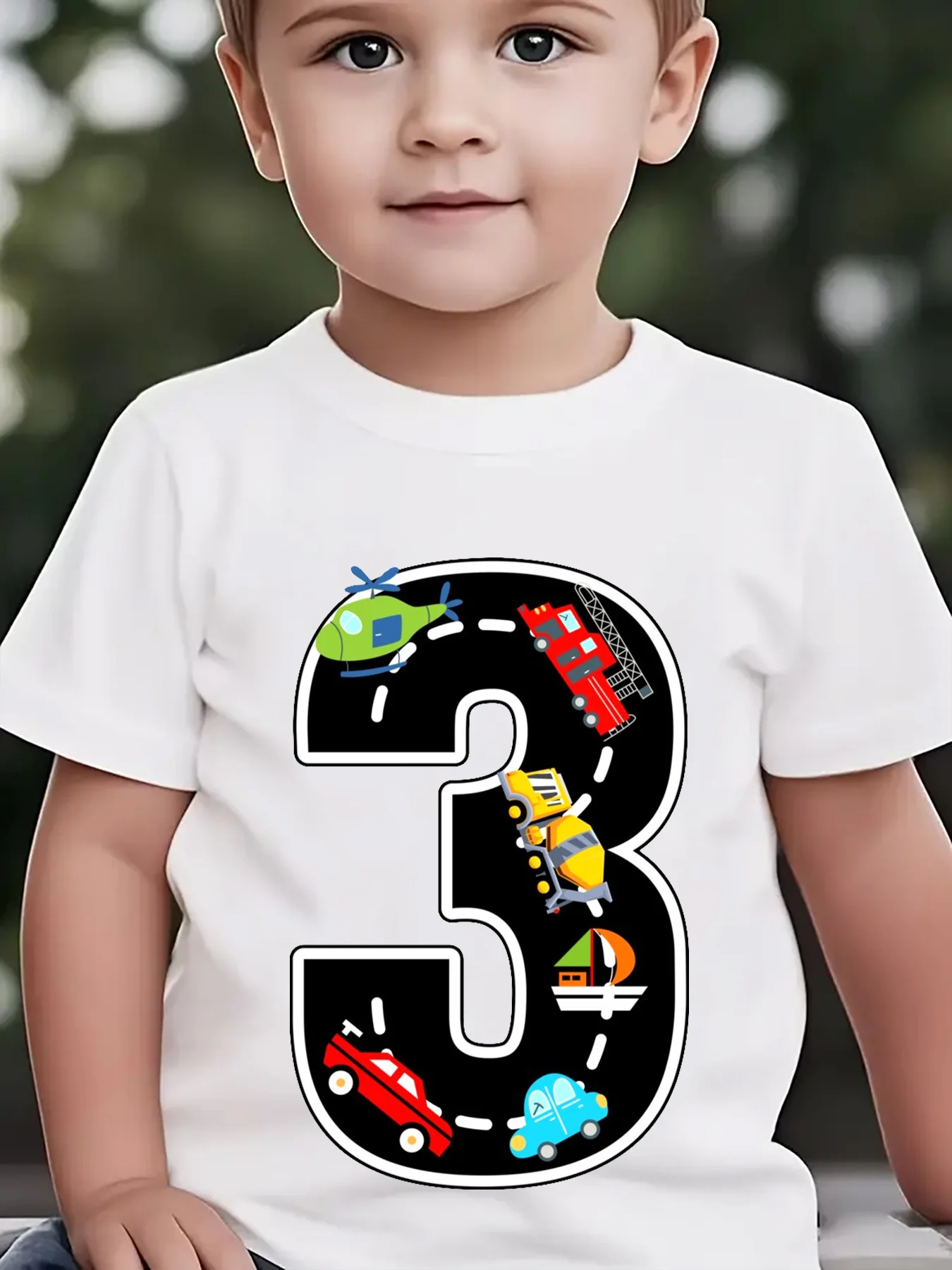 Digit 3 Cartoon Transport Car Helicopter Print Family Matching Cotton Tees Short Sleeve Tops For Mom Dad Boys Girls Daily Wear