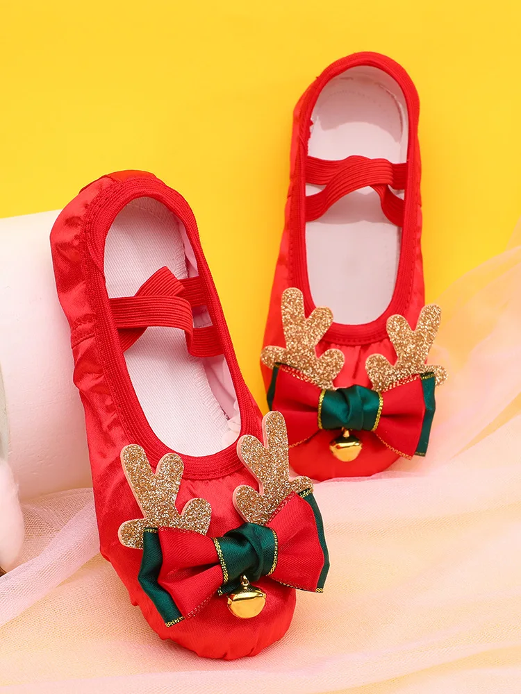 woman kids ballet dance shoes girl's red christmas Elk deer bow ballet shoes for girl Dance ballet flats  dance shoes for childr