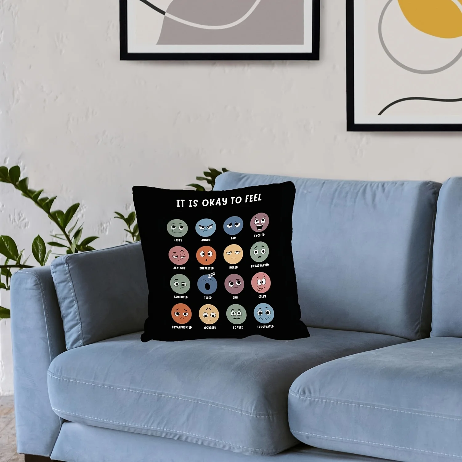 Modern Feelings Emoji Double-Sided Pillowcase, Mental Health Awareness Cushion Cover with Zipper, Washable Decor for Office