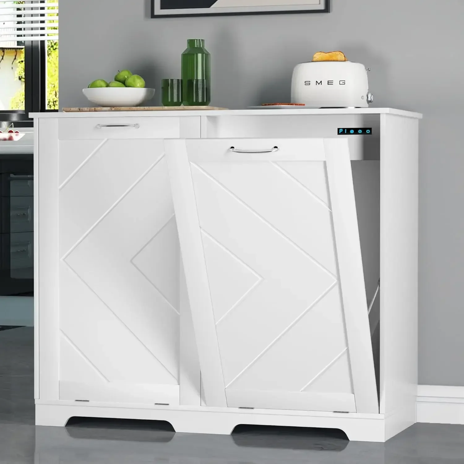 Double Tilt Out Kitchen Trash Bin Cabinet Dog Proof Garbage Can with Wood Holder Free Standing Recycling, White