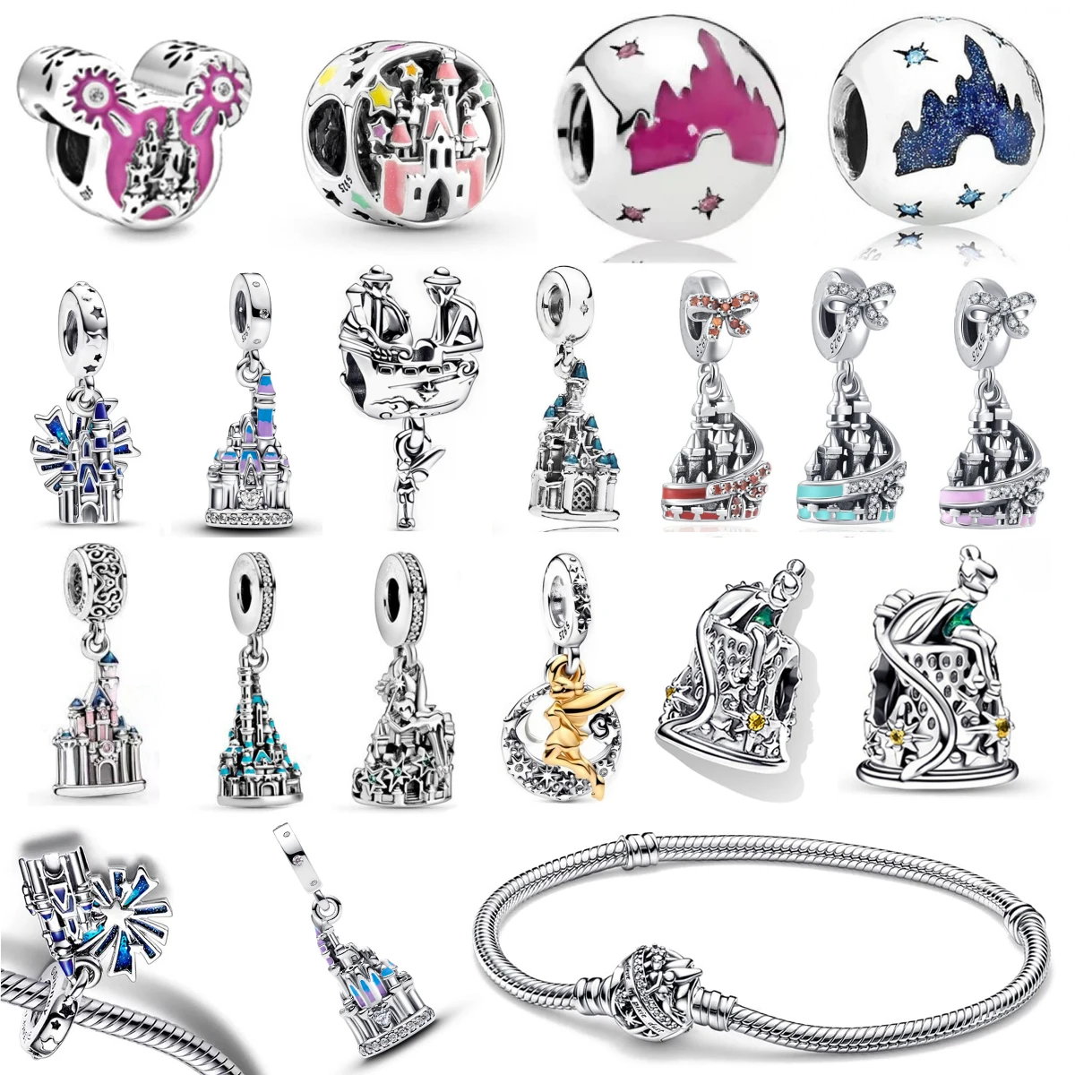 Miniso Disney Series Charms Fit pulsera flor Hada Castillo arco cuentas plata 925 Original encanto para mujer joyería 2025 nuevo