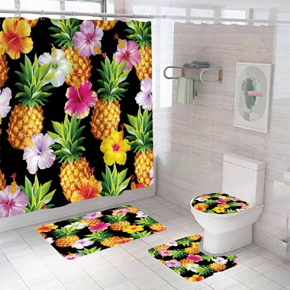 

Floral Pineapple Sunflower Shower Curtain set Waterproof shower curtain floor mat Toilet seat mat Decorate the bathroom