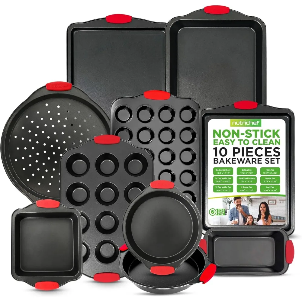 

Набор форм для выпечки NutriChef Premium из 10 предметов с гибким антипригарным покрытием из углеродистой стали, красными силиконовыми ручками, безопасным для духовки до 450 ° Ф