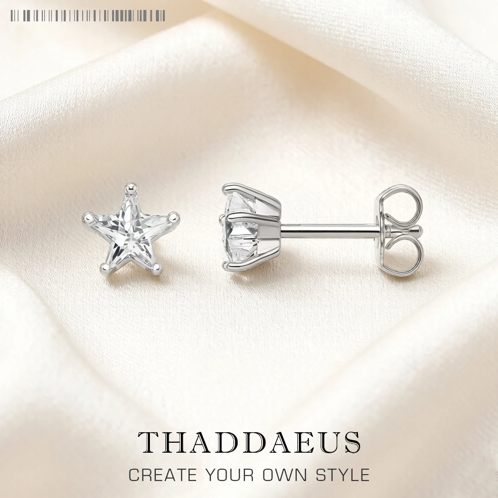 Ear Studs White Zircon Pentagram Europe Trendy Jewerly For Women New Gift In Pure 925 Sterling Silver