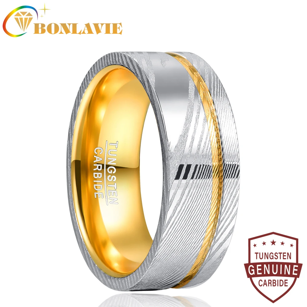 BONLAVIE 8mm Damascus Steel Gold Inner Tungsten Carbide Ring Two-tone Men's Fashion Wedding Rings Jewelry Gift for Men Size 7-12